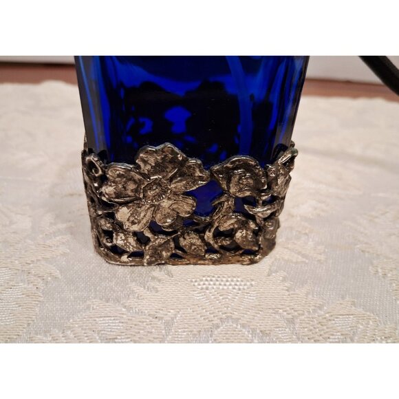Cobalt Blue Perfume Bottle Atomizer Floral Fillagree Vintage - Picture 2 of 6